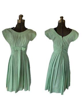 Vintage Green Polkadot Day Dress 1950s 50s Rockabilly A-Line Bow Fit And Flare